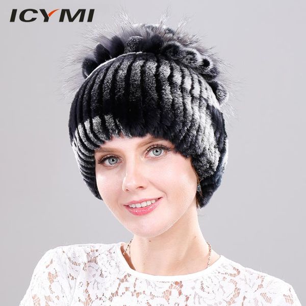 

beanie/skull caps icymi real rex fur hats with flowers striped head women thicken warm elastic knitted beanies genuine, Blue;gray