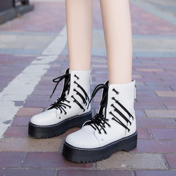 

motorcycle ankle snow boots wedges female lace up platforms autumn soft leather oxford shoes botas mujer, Black