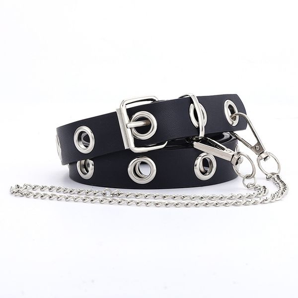 

women belt fashion black leather pin buckle waist belt female punk grommet eyelet jeans decorative chain belts, Black;brown