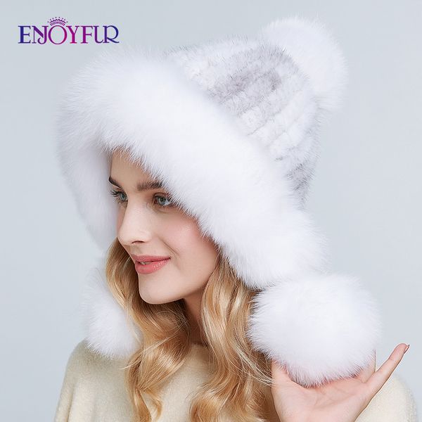 

enjoyfur women winter real hats fluffy natural fur pompom ear protect caps hand sewn knitted fashion female fur hat, Blue;gray
