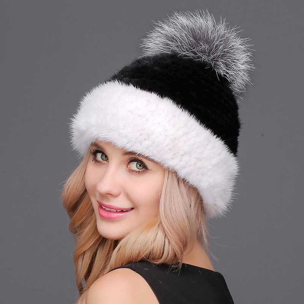 

new thick female cap mink fur ball cap pom poms winter hat for women girl 's hat knitted beanies, Blue;gray