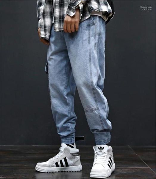 

fashion long mens cargo pants with pockets hiphop loose light blue mens jeans