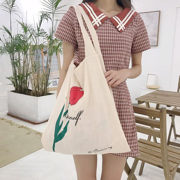 

2020 new canvas bag female cotton and linen shoulder rose simple wild ins thin section handbag bag