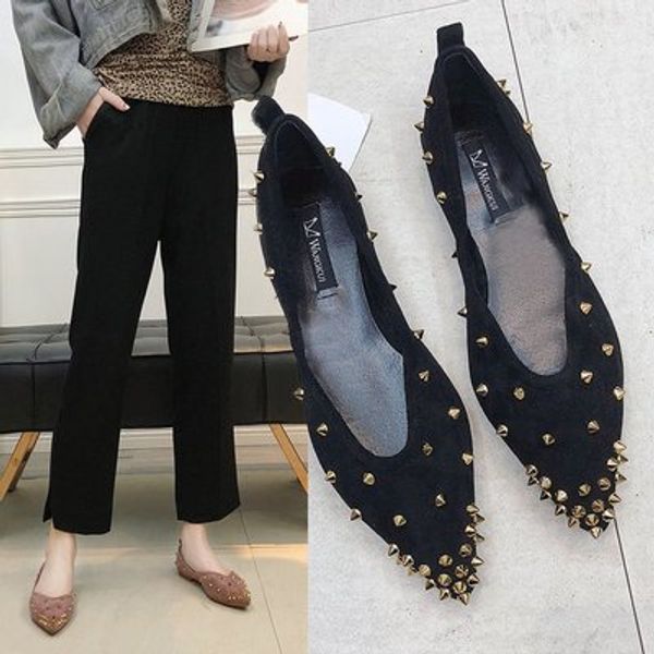 

2020 spring and autumn new flat shoes fashion tide women's shoes non-slip comfortable pointed toe studded, Black