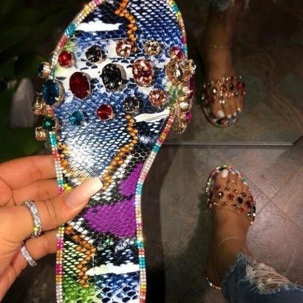 

woman rivet slippers crystal snakeskin transparent summer ladies colorful slides fashion women's flip flops flat plus size shoes, Black
