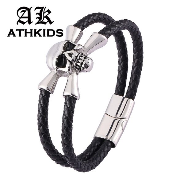 

charm bracelets punk black braided leather bracelet men skeleton skull unique design rope male bangle jewelry pd0472, Golden;silver