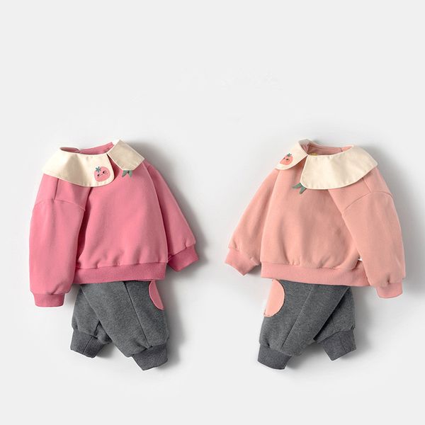 

2020 baby girls clothes children suits casual baby girl clothing sets suit peter pan collar sweatshirts+sports pants kids set, White