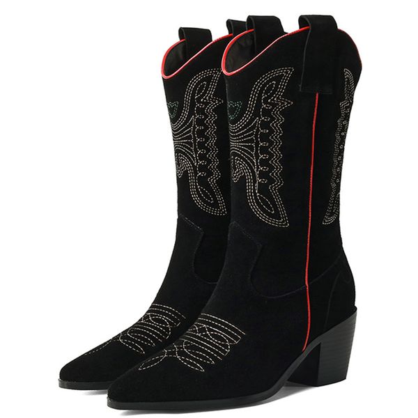 

embroidery canvas white knee high cowboy boots leather shoes mid-calf chunky wedges boots pointed toe brand embossing suede, Black