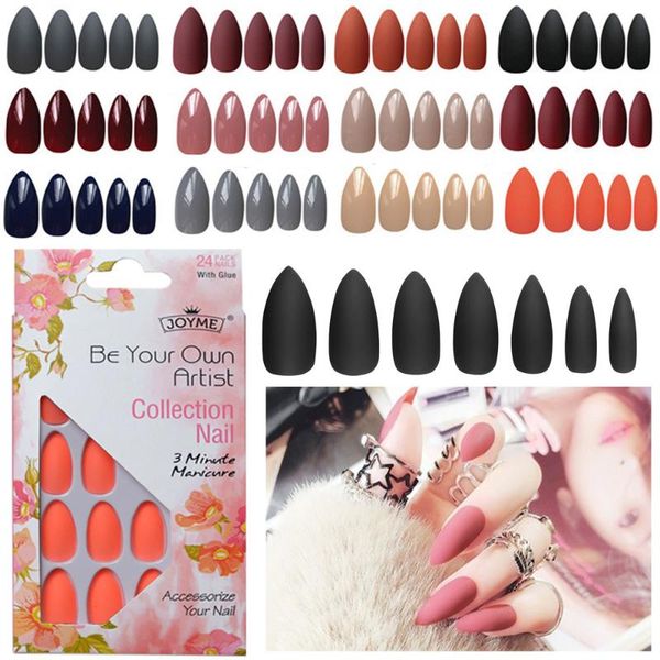 

false nails 24pcs/set stiletto nail tips reusable pure color short women manicure acrylic fake glue sticker, Red;gold