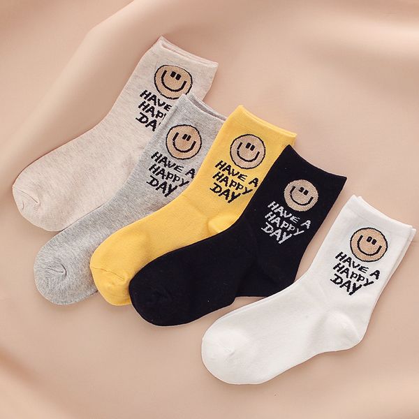 

smiling face letter simple jacquard stylish casual crew women socks, Black
