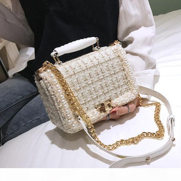 

winter fashion new female square tote bag quality woolen pearl women's handbag ladies chain shoulder crossbody bags