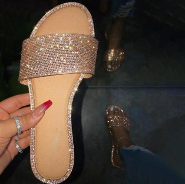 

new summer women sandals crystal slippers glitter flat bling female candy color flip flops outdoor ladies slides beach shoes, Black