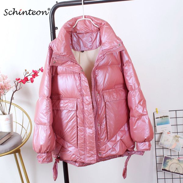 

schinteon women winter down jacket korean style loose outwear warm waterproof snow bright coat stand collar new, Black