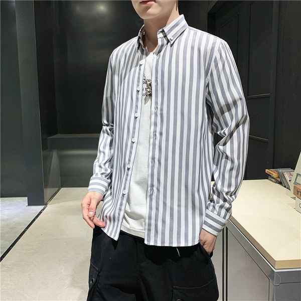 

2020 summer men's casual vertical stripes long sleeve casual shirt 1185, White;black
