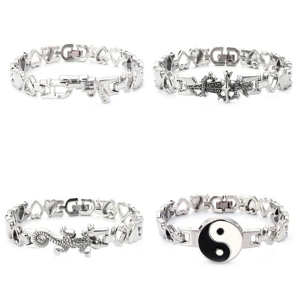 

punk silver color gun heart shape tai chi animal buckle bracelet bangle for women men fashion party wrap wristband jewelry gifts, Golden;silver