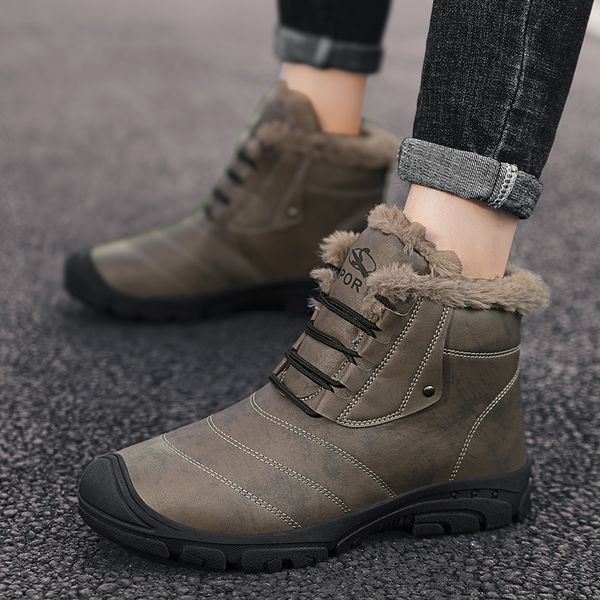 

super fiber leather mens walking shoes winter keep warm male plush ankle boots snow boots man with fur outdoor sneakers footwear
