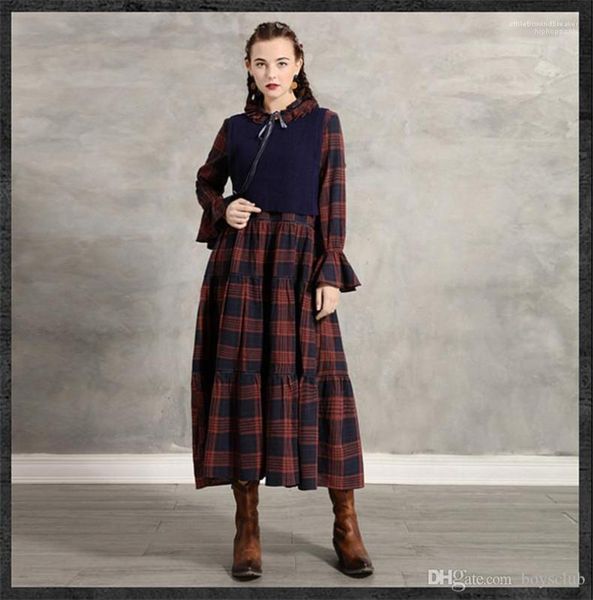 

sleeve panelled womens vintage 2pcs dresses females clothing plaid print womens casual dresses fashion doll collar ruffle, Black;gray