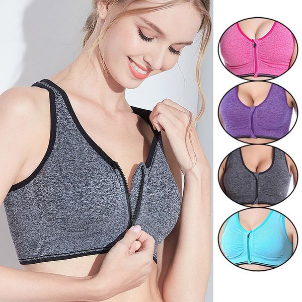 

sports yoga bra front zipper women fitness push up gym running shockproof shirt workout fast dry vest, White;black
