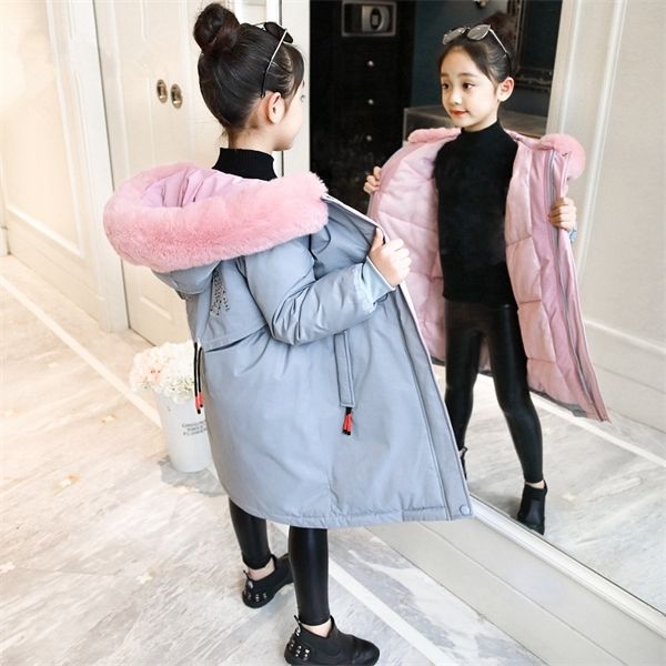 

2020 fashion brand girl clothes winter jacket warm thick coat children's clothing kids parka big fur hooded outerwear for 4-14y c0924, Blue;gray