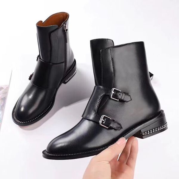 

boots 2021 women's autumn winter leather black short chain belt buckle round head knight trend british wind