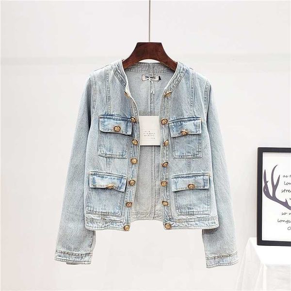 

vintage washed blue jeans jacket women outerwear autumn harajuku slim short o-neck long sleeve metal button denim jacket female, Black;brown