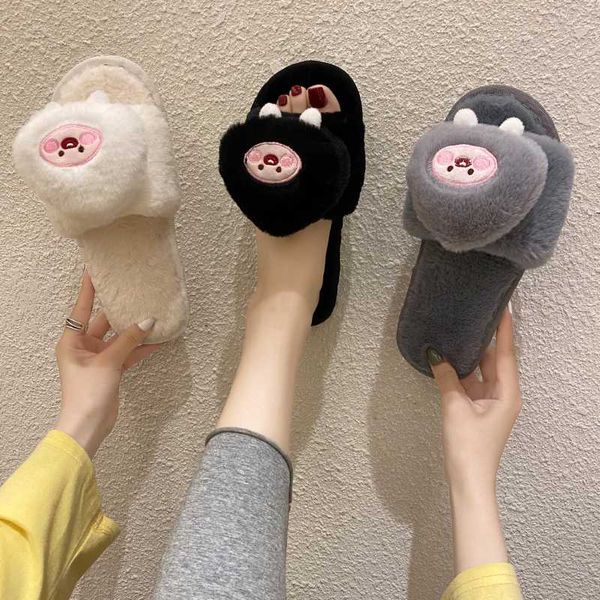 

flat shoes female slippers casual lady slides slipers women flock fur flip flops luxury girl summer 2020 plush soft rome rubber, Black
