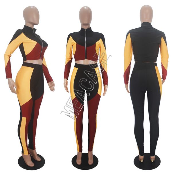 

women tracksuit fashion patchwork zip jacket coat outfits block legging pants sweat suit two-piece sports suit clothing boutique d82406, Gray