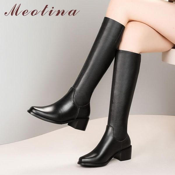 

boots meotina winter riding women natural genuine leather thick heels knee high zip round toe shoes lady autumn size 33-42, Black