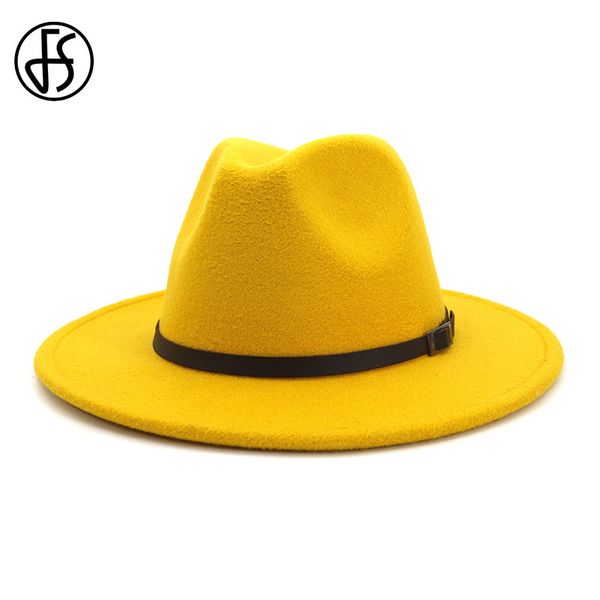 

fs 2020 fedora hat with belt wide brim trilby panama hats men women winter autumn wool felt jazz cap black red pink camel, Blue;gray