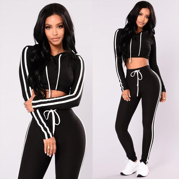 

womens sport hoodies solid black long sleeve striped casual sweatshirt crop pants set 2pcs tracksuit sweat suit 3 colors, Gray