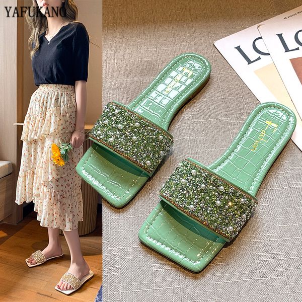 

korean fashion flat slides 2020 summer square toe soft bottom pearl women slippers outdoor beach shiny bling ladies sandals, Black