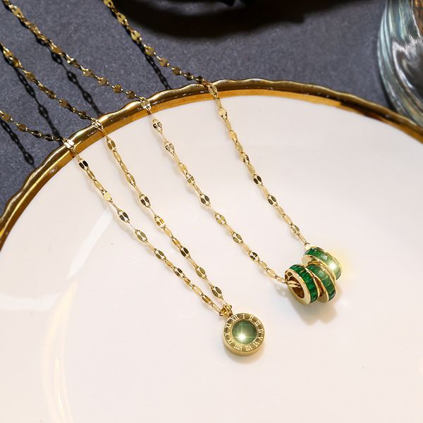 

temperament simple green rhinestones roman letter round pendant necklace fashion women girl titanium steel jewelry accessories, Silver