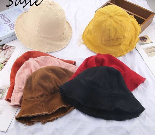 

Toddler Baby Cotton Sunscreen Floppy Bucket Cap Solid Color Vintage Washed Fringed Tassels Wide Brim Hip Hop Kids Fisherman Hat