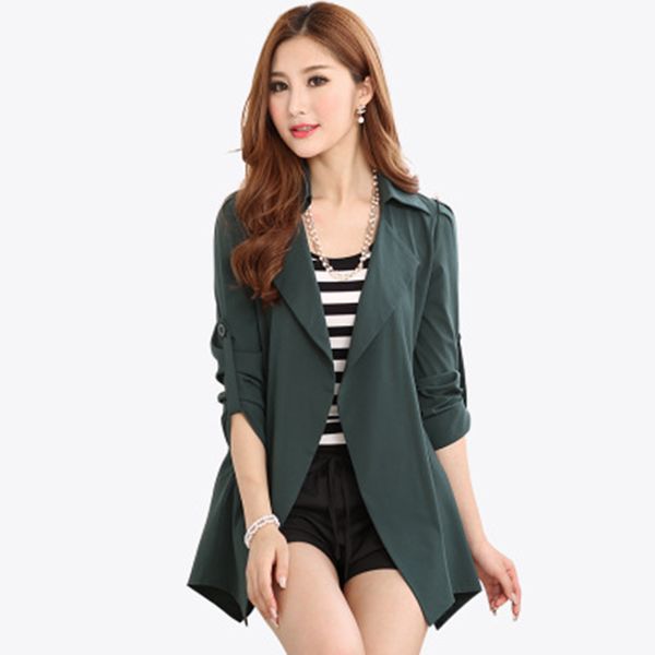 

the slim thench coat simple solid color plus size women's windbreaker spring autumn korean fashion cardigan thin coat l291, Tan;black
