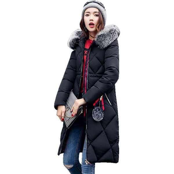 

big fur winter coat thickened parka women stitching slim long down cotton ladies jacket 2018, Black