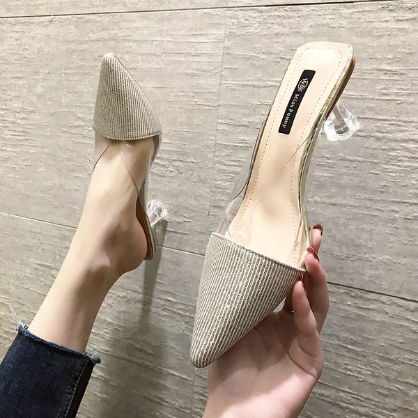 

2020 sumemr women shoes fashion pvc clear sandals pointed toe high heel female sandals crystal heels slippers zapatos de mujer, Black