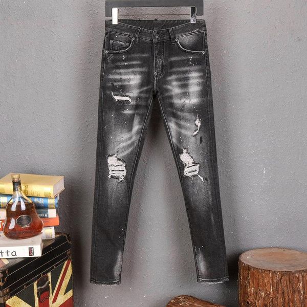 

hole distrress jeans famous men's long straight fit jeans casual denim washed denim jeans trousers large, Blue
