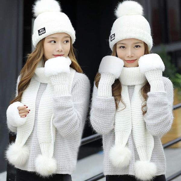 

2020 new fashion women winter hat scarf /gloves sets female three - piece knitted hats scarf set caps for girl warm beanies hat, Blue;gray