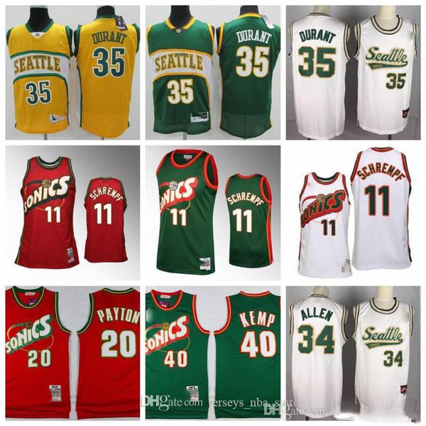 

men seattle nba supersonics detlef basketball schrempf 20 payton 34 allen 40 kemp 35 durant green yellow hardwoods classics jersey, Black;red