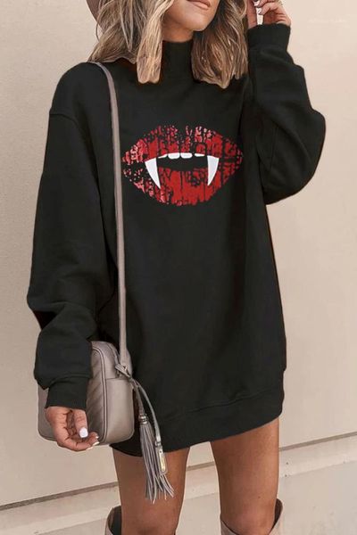 

pullover vampire teeth pattern printed long sleeve mini dress streetwear female clothing dropshipping halloween designer womens hoodie loose, Black