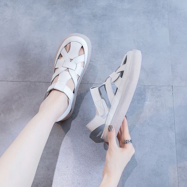 

women's platform genuine leather sandals for women gladiator flats slides female hollow out casual shoes summer solid footwear, Black