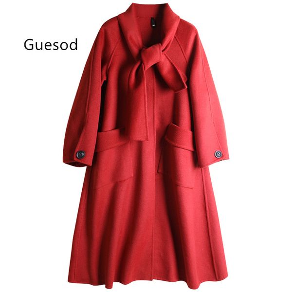 

women wool coat alpaca coat female medium length bow collar outerwear red woolen outerwear winter fashion new arrival, Black