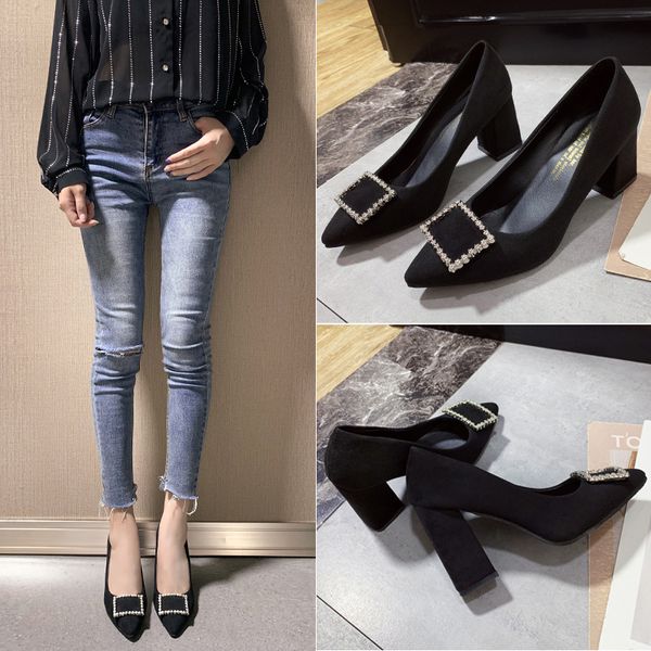 

women's shoes new fashion casual pointed toe buckle strap square heel med female party high heels white pumps square heels, Black