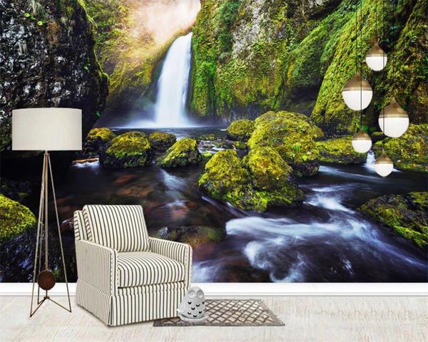 Paisagem romântica 3d moderno wallpape r montanha primavera cachoeira verde fresco verde paisagem fundo parede papel de parede decorativo