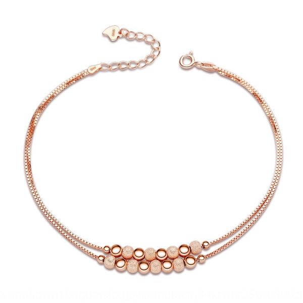 

925 sterling silver Pure Silver double Gold double-layer frosted bead anklet women's transfer bead anklet new Korean fashion 24K rose gold d