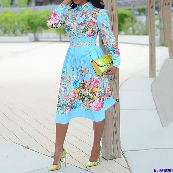

fall long sleeve women pleated floral print dress 2020 elegant female plus size african office ladies vintage midi dress retro, Black;gray