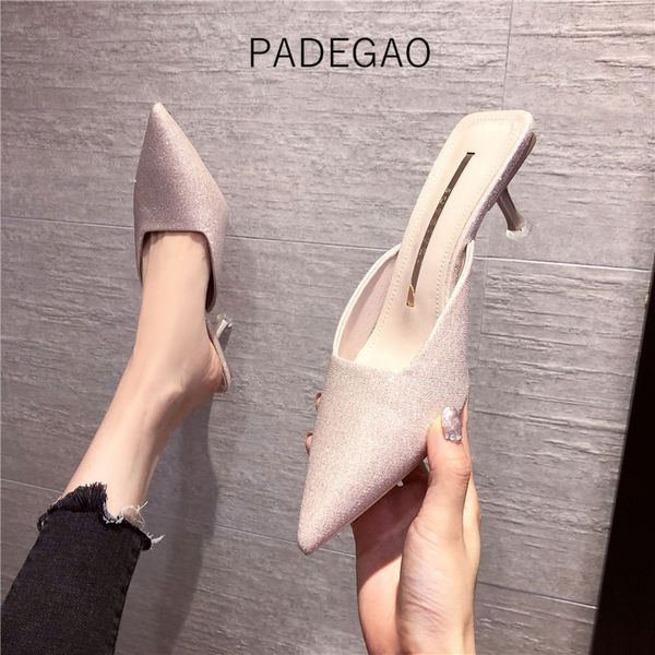 

2020 women's slippers green concise summer heel slippers bling elegant women, Black