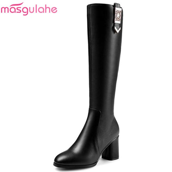 

masgulahe 2020 knee high boots round toe genuine leather boots female side zipper winter womens shoes large size 34-42, Black