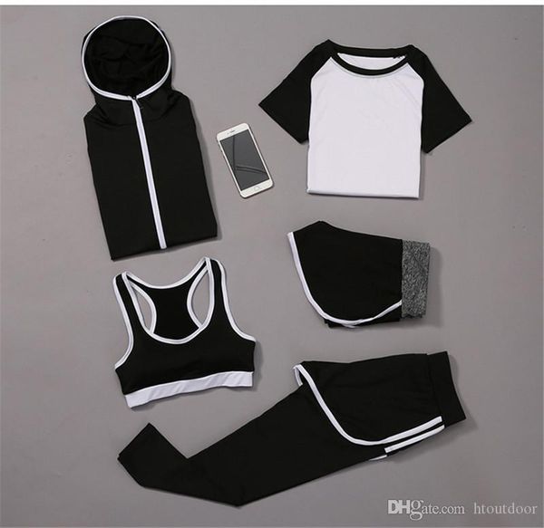 

women 5 in 1 training sportwear suit set quick drying yoga pants bra t-shirt fitness running dancing clothing, White;red