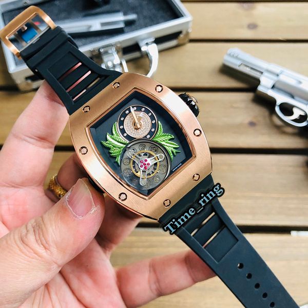 

edition rm19-02 skeleton dial rose gold steel case japan miyota automatic movement sapphire mens watch black rubber strap sport watches, Slivery;brown